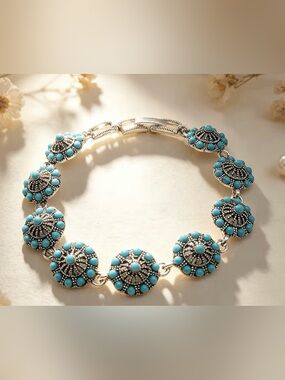 Western Turquoise Silver Floral Disc Bracelet Bohemian Turquoise Bracelet